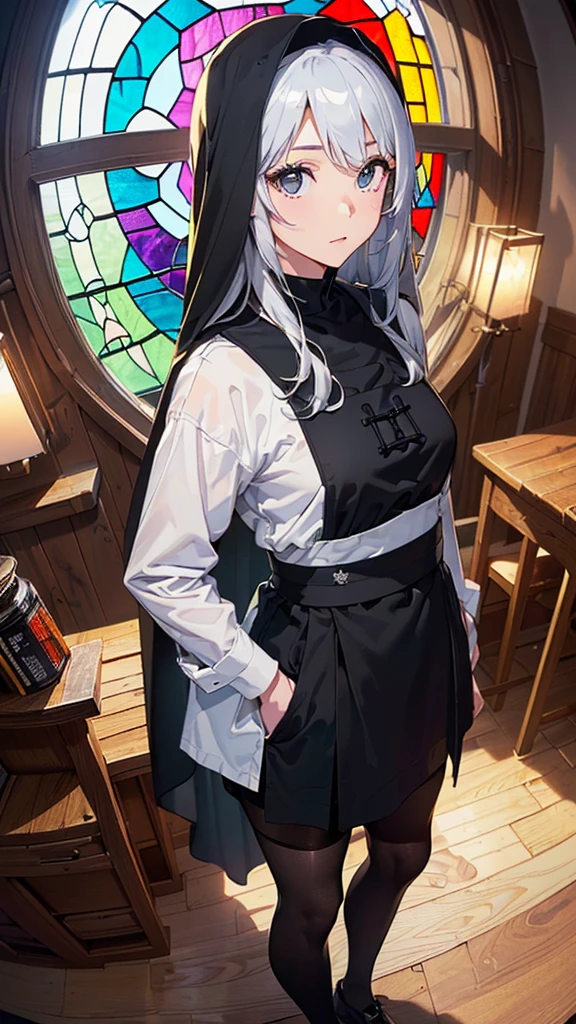 ((Highly detailed CG unit 8k wallpaper、masterpiece、High resolution、Highest quality))、(美しいSilver Hairの修道女、Hands in pockets:1.5、Wearing a black veil:1.4、Wearing a black monastic uniform:1.4、Wearing black tights:1.4)、((Highly detailed face、Highly detailed black eyes、Both eyes are the same color:1.2、Highly detailed body、Highest qualityのリアルなテクスチャ スキン))、(Silver Hair、Long Hair、De Pere Blanca)、(old wooden church、Stained Glass:1.2)、(High Angle:1.2、Fisheye Lens:1.3)、Ultra-realistic digital 