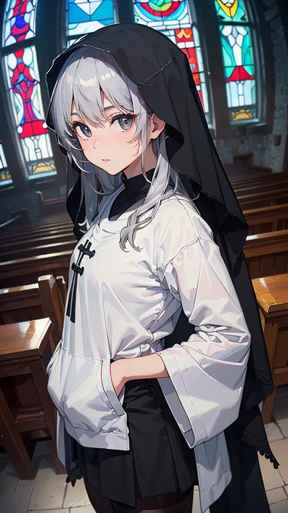 ((Highly detailed CG unit 8k wallpaper、masterpiece、High resolution、Highest quality))、(美しいSilver Hairの修道女、Hands in pockets:1.5、Wearing a black veil:1.4、Wearing a black monastic uniform:1.4、Wearing black tights:1.4)、((Highly detailed face、Highly detailed black eyes、Both eyes are the same color:1.2、Highly detailed body、Highest qualityのリアルなテクスチャ スキン))、(Silver Hair、Long Hair、De Pere Blanca)、(old wooden church、Stained Glass:1.2)、(High Angle:1.2、Fisheye Lens:1.3)、Ultra-realistic digital 