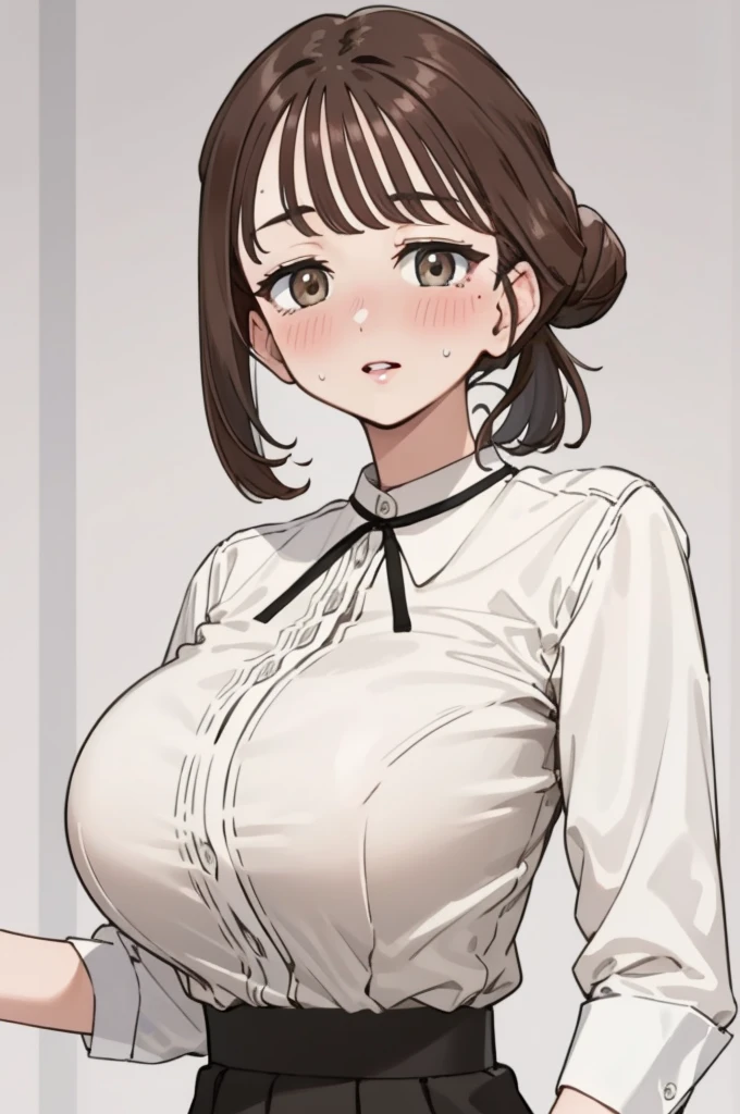 (masterpiece), (best quality), (highly detailed), (8k resolution), (best quality),huge_breasts,hair_bun,brown_hair,brown_eyes,detailed_lips,shy,ecstasy_face,blush,from front,(looking at viewer:1.3),office lady,(white buttoned shirt),skirt,(nsfw)