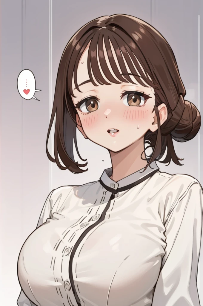 (masterpiece), (best quality), (highly detailed), (8k resolution), (best quality),huge_breasts,hair_bun,brown_hair,brown_eyes,detailed_lips,shy,ecstasy_face,blush,from front,(looking at viewer:1.3),office lady,(white buttoned shirt),skirt,(nsfw)