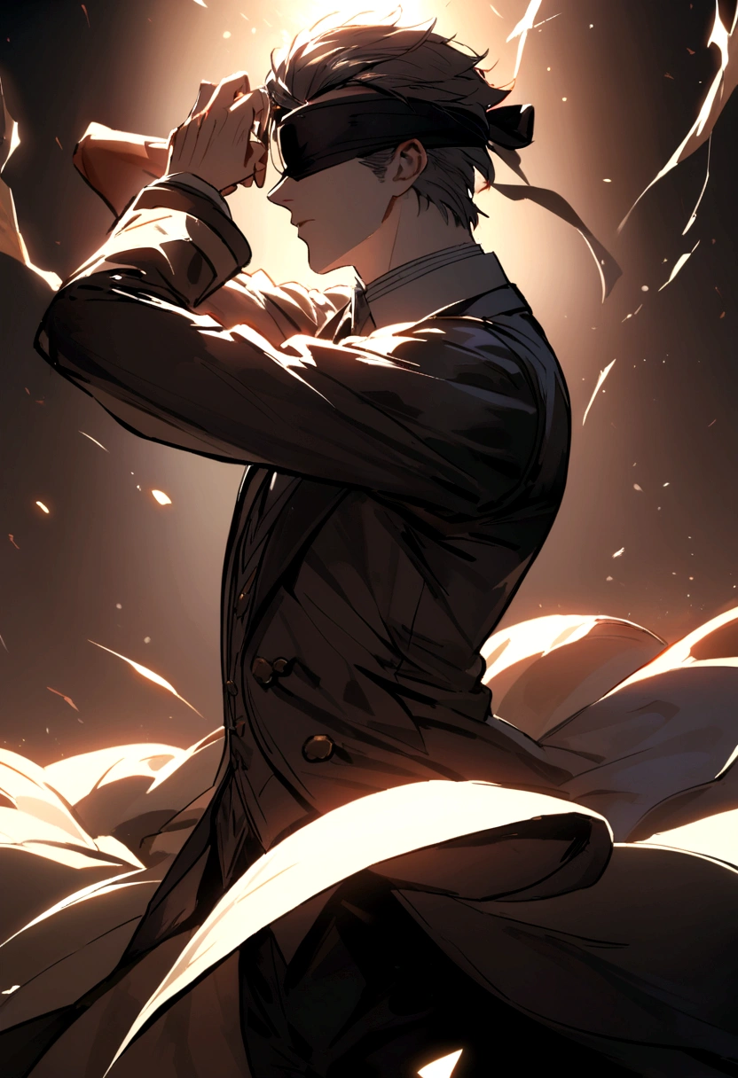 I would like him to be in a dynamic pose with his black blindfold over his eyes