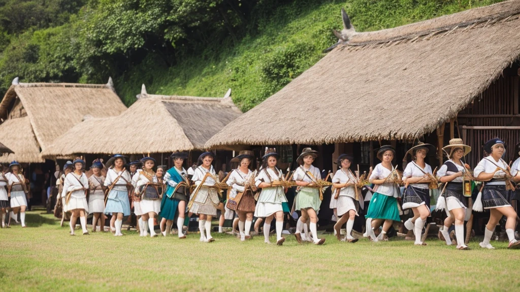 ((best quality)), ((masterpiece)), large crowd group of women wearing little short skirt tribe walking between thatched-roof houses. The background shows rows of houses or buildings whose roofs are made of natural materials such as straw or thatch, which gives the impression of a traditional village or settlement. The atmosphere of this image looks like a parade or special event involving many female participants.