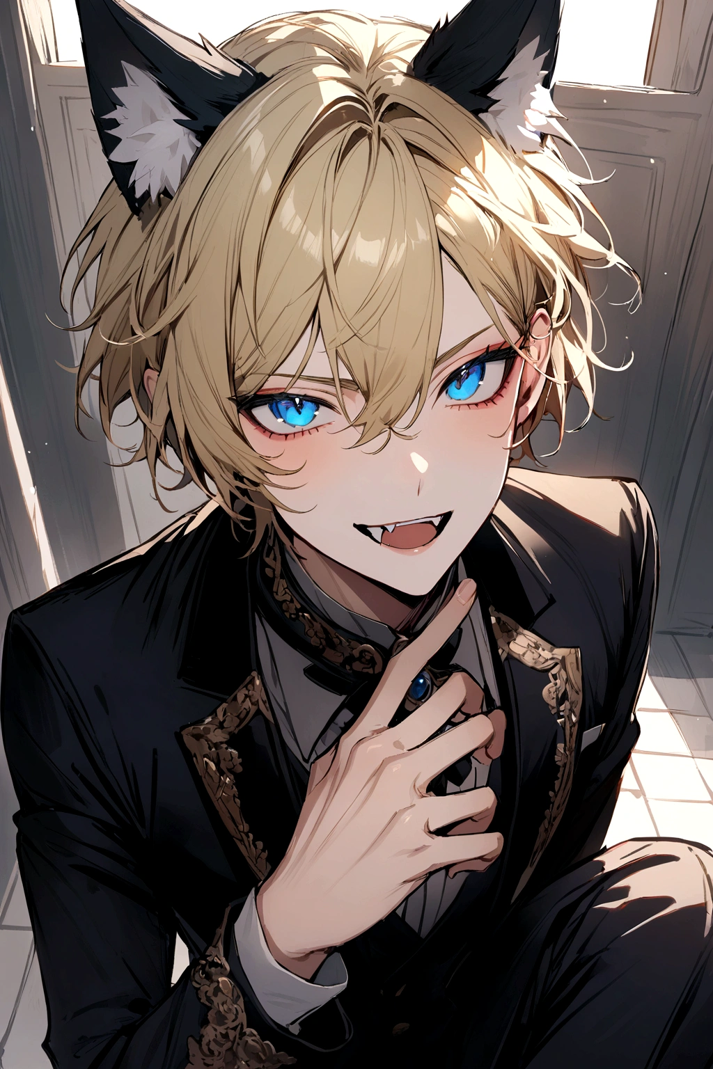 Boy with blonde short hair, black fox ears, blue eyes, two fang teeth, black jacket, 