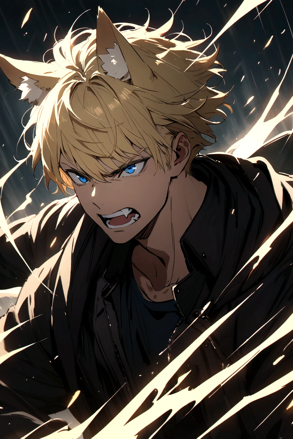 Boy with blonde short hair, black fox ears, blue eyes, two fang teeth, black jacket, 