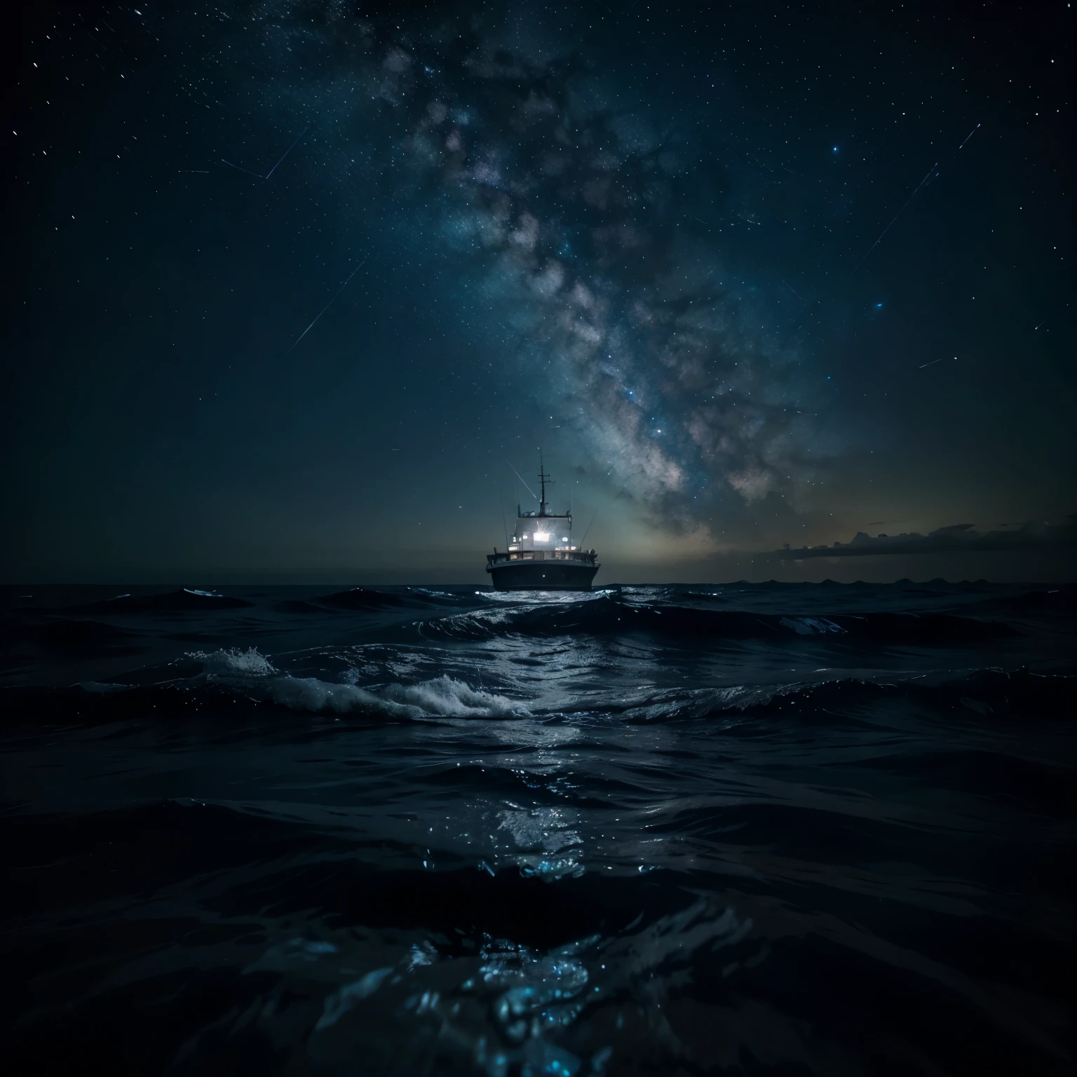 The Milky Way view from the middle of the ocean, Over-Under (Split Shots) Underwater Camera Settings, the night sky, beautiful darkness, highres, glowing starry night, cinematic view, hyper realism, photograhpy