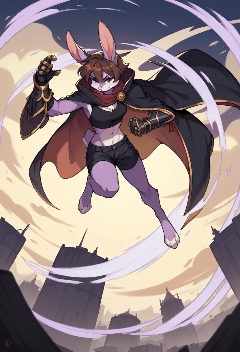 create a picture of a female half rabbit character with purple giant rabbit digitigrade legs with white paws, put purple rabbit ears on top of her head, make her wearing a royal looking black cloak with golden accents and black shorts with golden accents and black gauntlets with purple lights, put purple fur on her arms from her elbows down, give her short brown hair, make her legs look fluffy and furry, make it in an anime style, keep her barefoot, make her wearing a black athletic tank top underneath the cloak, make the gauntlets black, make her doing a flying punch, give her a six pack