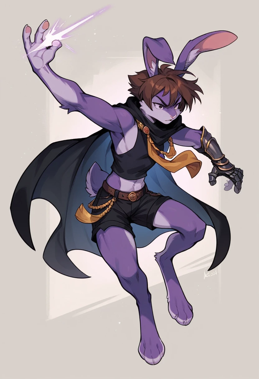 create a picture of a female half rabbit character with purple giant rabbit digitigrade legs with white paws, put purple rabbit ears on top of her head, make her wearing a royal looking black cloak with golden accents and black shorts with golden accents and black gauntlets with purple lights, put purple fur on her arms from her elbows down, give her short brown hair, make her legs look fluffy and furry, make it in an anime style, keep her barefoot, make her wearing a black athletic tank top underneath the cloak, make the gauntlets black, make her doing a flying punch, give her a six pack