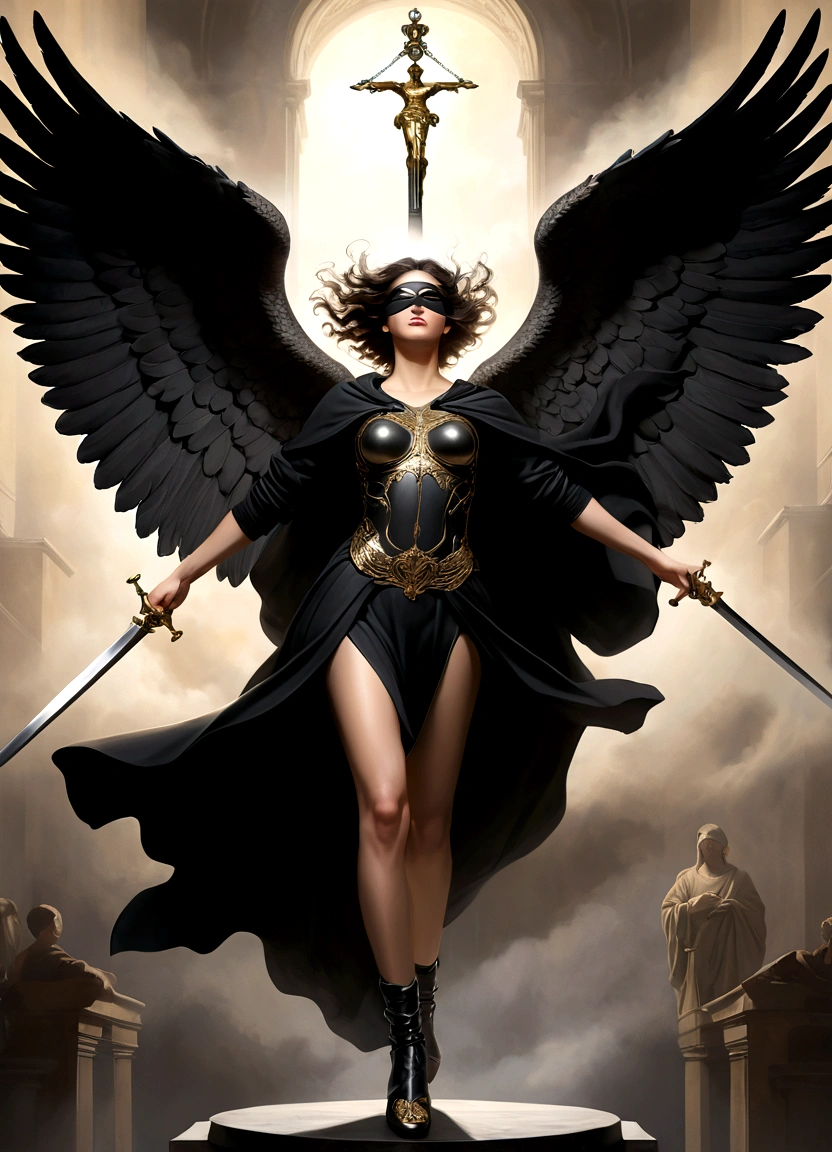 behind the image appears a guardian angel with the musical stage suspended in the air, viewed from the top, with greater depth. consequent characteristicThis image shows a female figure, a guardian angel with black wings,, dressed in a black sweatshirt with the logo " gp" and ripped black pants. She wears a black blindfold, symbolizing blindness or impartiality. In one hand, she holds an ancient scales of justice, e na outra, a sword, reinforcing the iconography of Justice, often represented with these attributes.The figure is in a powerful and determined pose, with his wings open and a serious expression, even if your eyes are covered. and wings, highlighting image with the musical stage suspended in the air, The central figure.The image combines elements of modernity and tradition, mixing classic Justice symbolism with a dark, contemporary look. The presence of wings and blindfold, together with the sword and the scales, suggests a modern and perhaps somewhat rebellious interpretation of the concept of justice, Evoking a sense of power, Mystery and authority.viewed from the top, with greater depth.