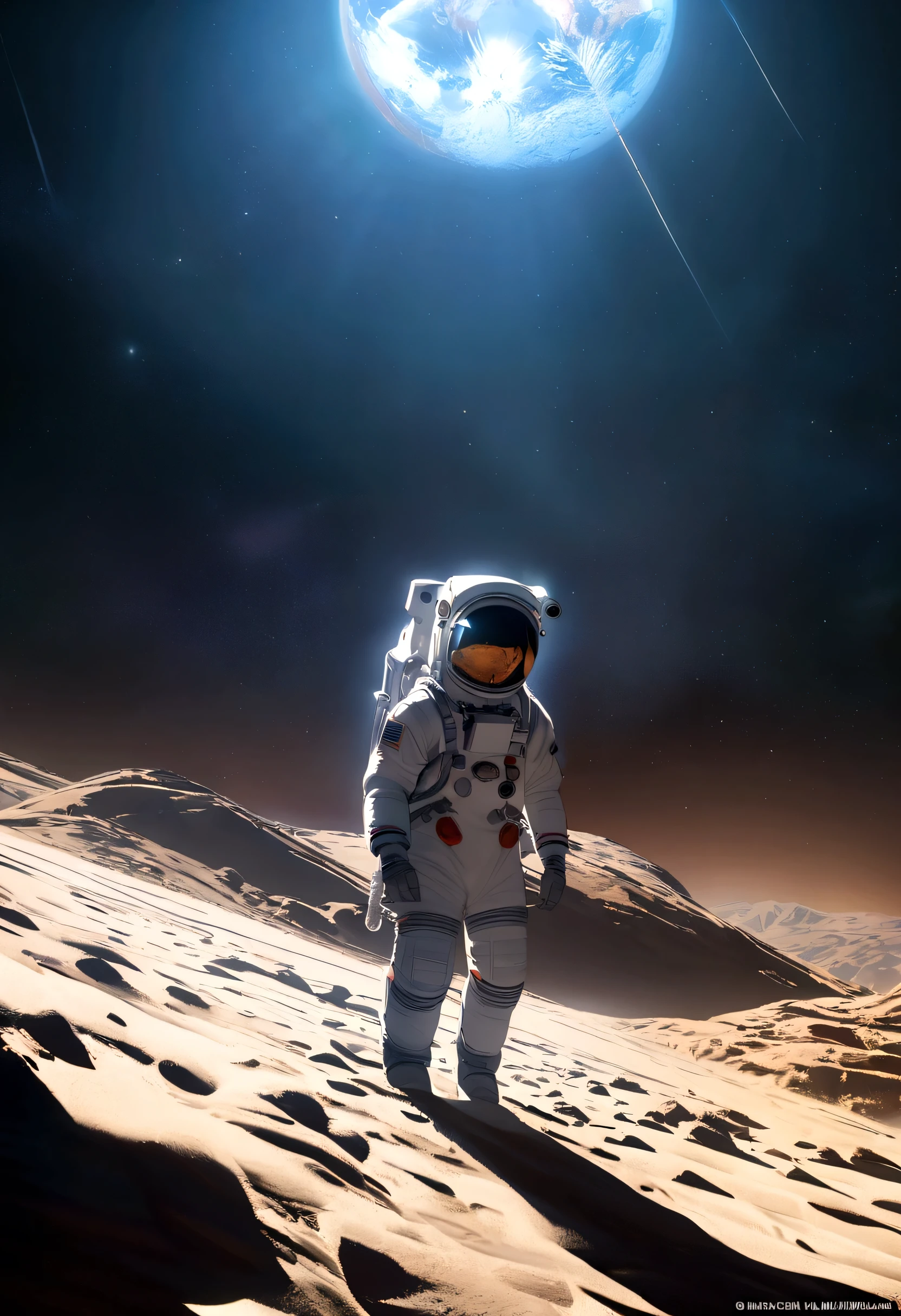 astronauts climb mountains，There is a planet in the background,  astronaut, detailed astronaut, astronaut, Perfect for space, astronaut in space, astronaut in space, astronaut on the moon, astronaut below, astronaut stranded on planet, Key Art, Inspiration from stefan koidl, Inspired by Władysław Stžeminsky, Cinematography Concept Art, Inspired by Mike Winkelmann, Sand Katydid, Inspired by Marius Borgeaud, author：Matthias Koros （Depth of Field）, light, Ray Tracing, Mosaic Art, 16K