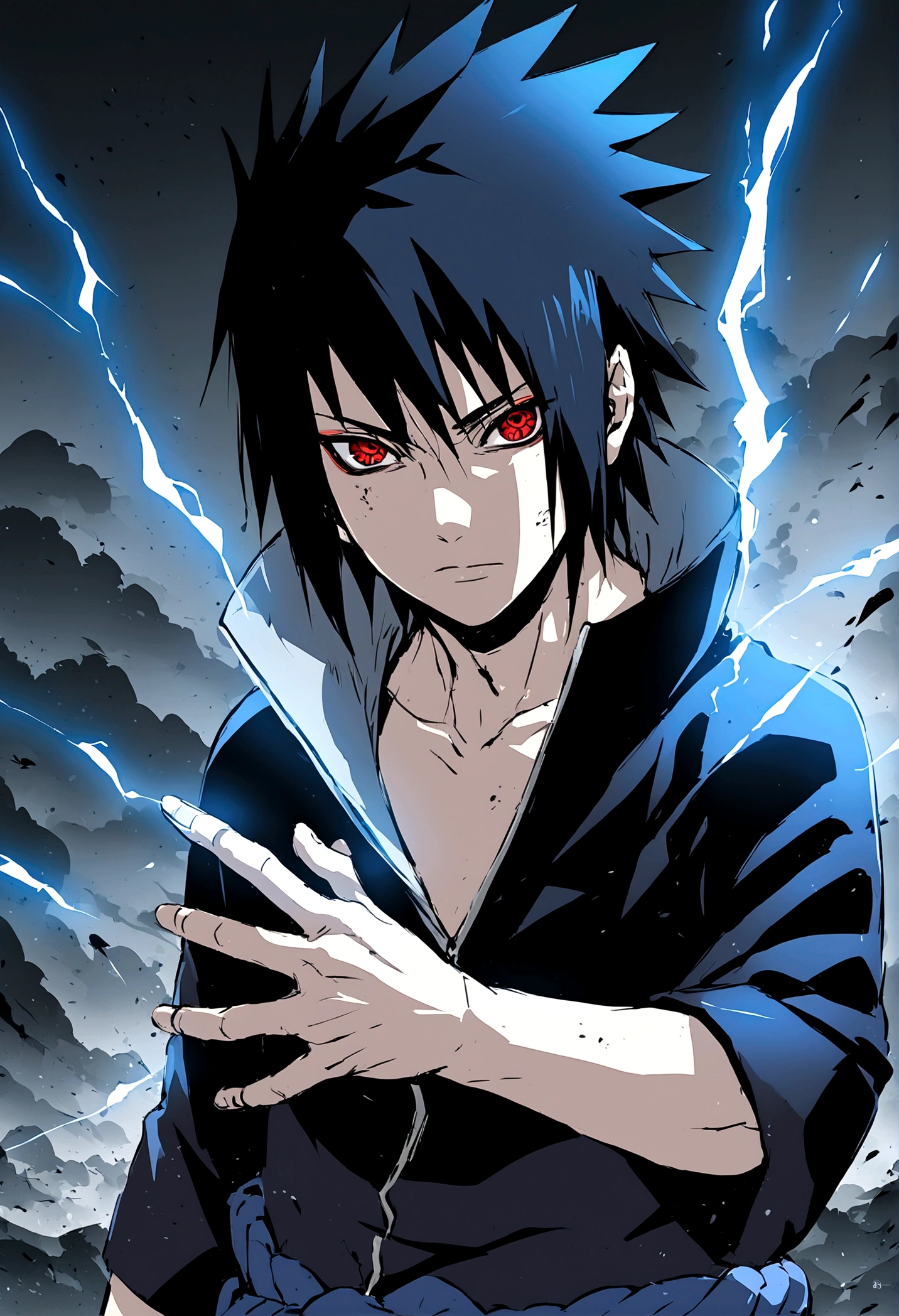 sasuke uchiha, blue lightning bolt in one hand, chidory, half body, sharingan in eyes, ready to fight, hight quality, red eyes,