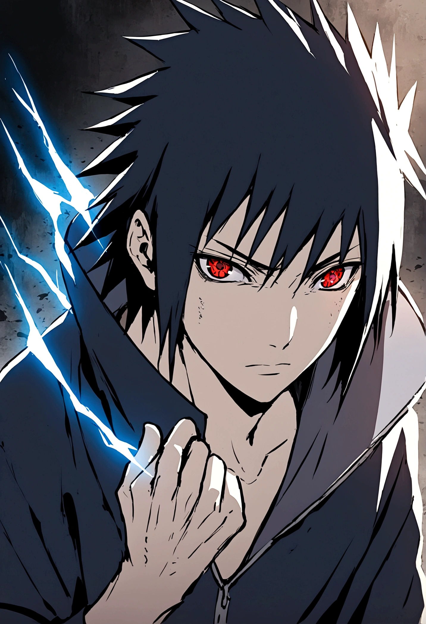 sasuke uchiha, blue lightning bolt in one hand, chidory, half body, sharingan in eyes, ready to fight, hight quality, red eyes,