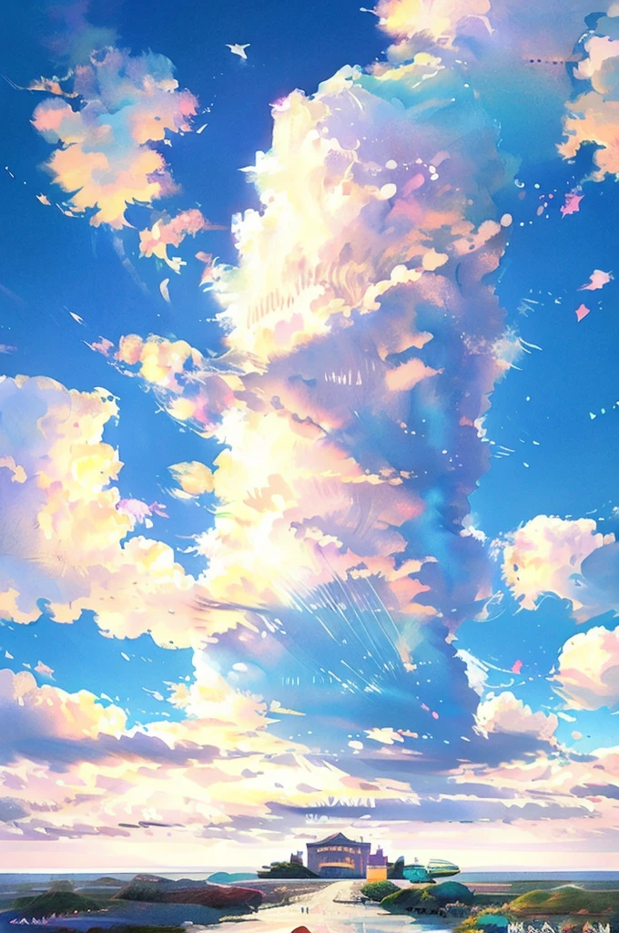 Gently illustration, Soft atmosphere, Pastel colored pencil illustrations, Surreal, meticulously made, Ultra-high quality, Ultra Detailed, landscape,, cloud,Sky, architecture, Palace in the Sky,Looming,极好的landscape, Magnificent views, 在cloud端,Solitary,Sky Island,Floating island in the air