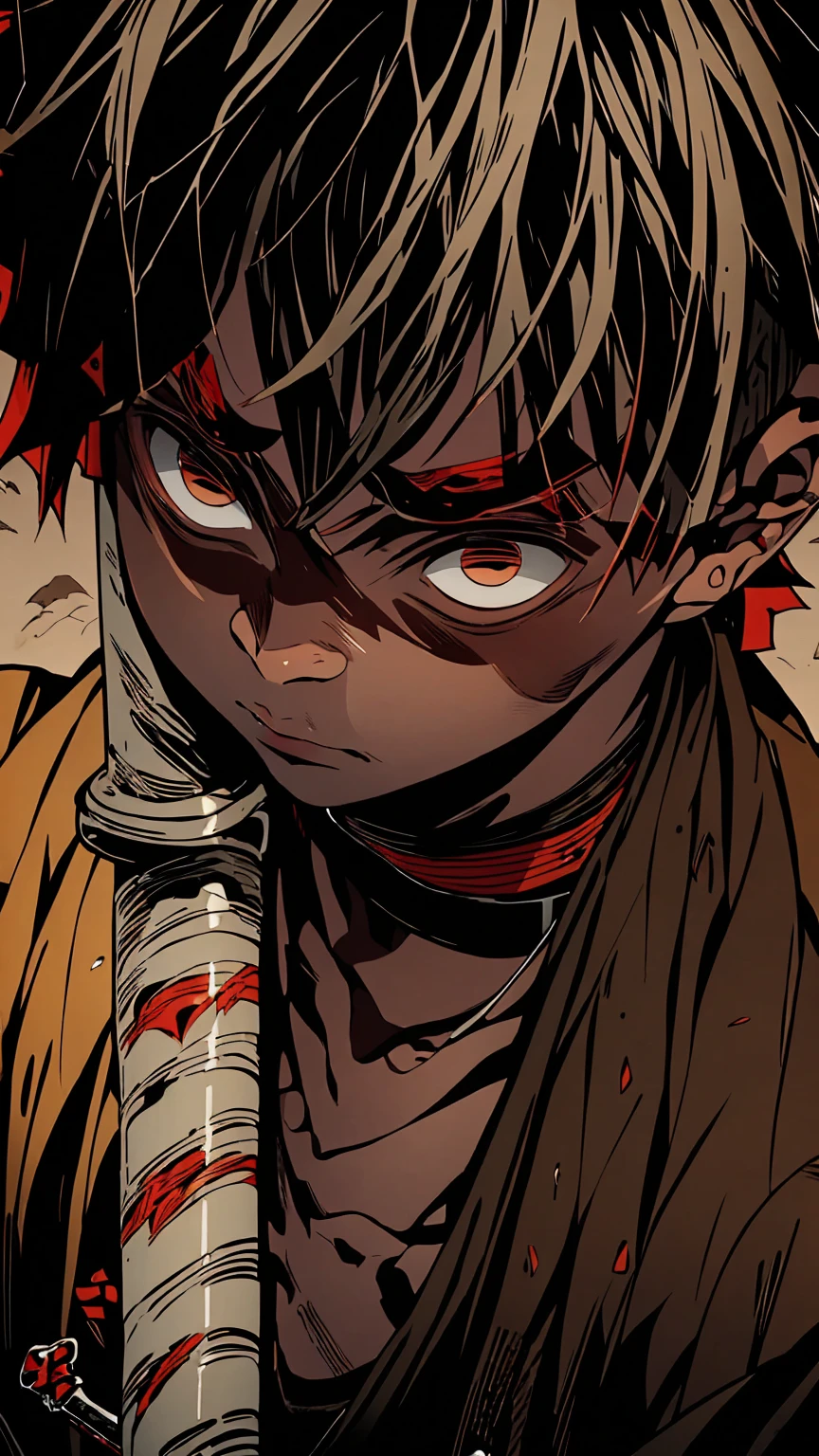 a dark skinned boy, with a red iris, aged six years, short kid, white hair, strong gaze, amidst the forest, vagabond art style, kentaro miura art style, berserk style, holding sword, Close up angle, basic sword fighting stance, pose, Agatsuma Zenitsu / Kimetsu no Yaiba