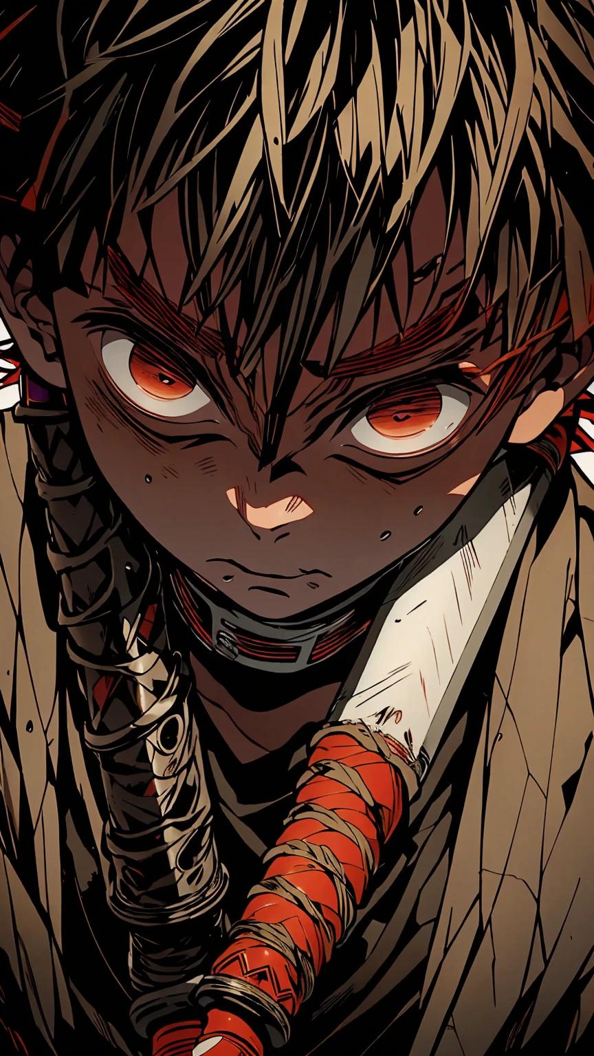 a dark skinned boy, with a red iris, aged , short kid, white hair, strong gaze, amidst the forest, vagabond art style, kentaro miura art style, berserk style, holding sword, Close up angle, basic sword fighting stance, pose, Agatsuma Zenitsu / Kimetsu no Yaiba