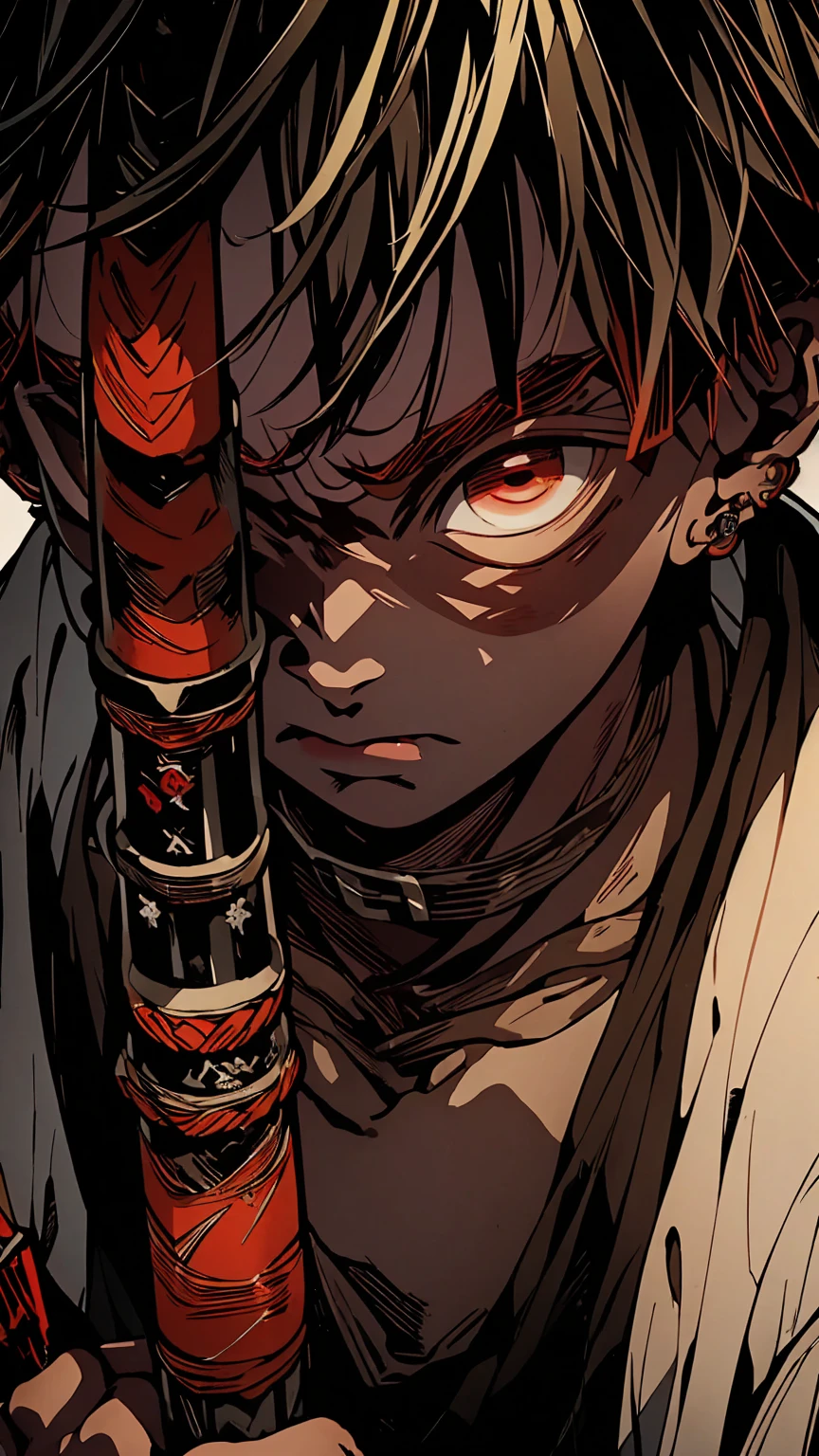 a dark skinned boy, with a red iris, aged , short kid, white hair, strong gaze, amidst the forest, vagabond art style, kentaro miura art style, berserk style, holding sword, Close up angle, basic sword fighting stance, pose, Agatsuma Zenitsu / Kimetsu no Yaiba