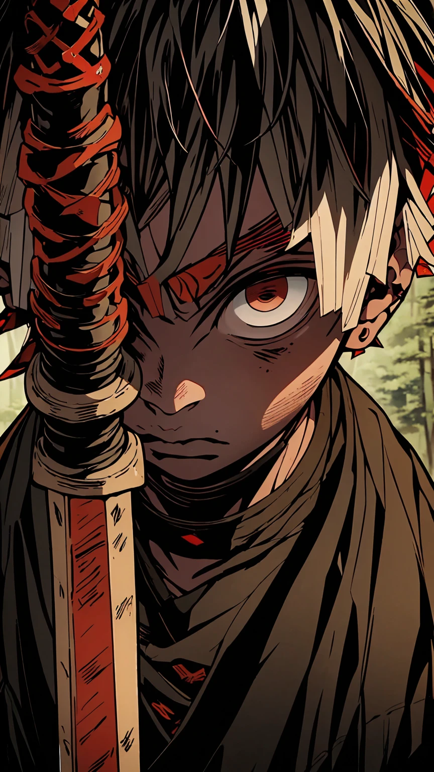 a dark skinned boy, with a red iris, aged , short kid, white hair, strong gaze, amidst the forest, vagabond art style, kentaro miura art style, berserk style, holding sword, Close up angle, basic sword fighting stance, pose, Agatsuma Zenitsu / Kimetsu no Yaiba