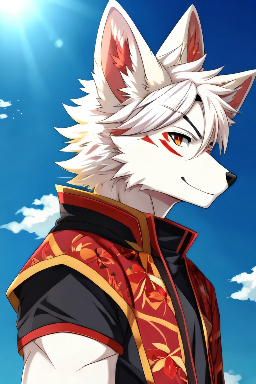 White fox and red patterns on ears in male anime style
