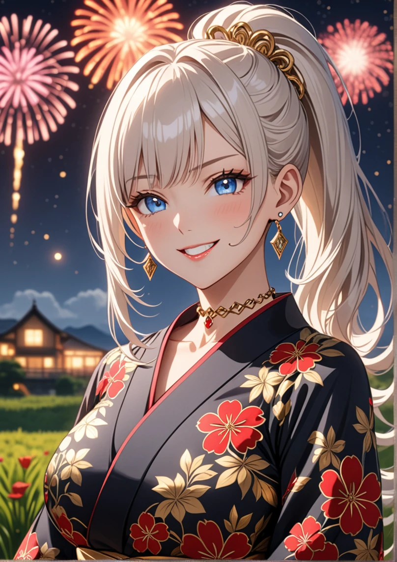 ((One personの女性)), Pretty face, Beautiful Face, (Laughing embarrassedly), (smirk:1.4), ((Wink:1.3)), (head tilt:1.3), Laugh with your mouth wide open, upper teeth, looking at viewer, ((full-face brash:1.5)), Glossy Red Lips, ((Big Breasts:1.4)), night,Rural landscape, firework, Glossy Red Lips, (Shining Face), ((Anime style background)),masterpiece, Highest quality, so beautiful,up to date, Complex details, (Pink long nails), (nail art), (Gold Ring),(Gold bracelet),(Gold floral choker), (helix piercing:1.7), AI-generated, Complex,High resolution, Highest quality, super high quality,3D Images、3D Images,One person,Long white hair,High Ponytail, Anime woman posing for a photo, ((silver eyes:1.6)), ((Fine grain、blue eyes、Shining Eyes:1.3)), (Squint your eyes:1.1),a hyperRealistic , hyperRealistic , Realistic,Anime woman with long white hair, Smooth anime CG art, (A woman in a colorful kimono with gold embroidery), ((Black long sleeve kimono:1.3)), Red floral pattern,(Long flower hair ornament),Floral Earrings,Mature Body,Abdominal muscles,Tight waist, ((Zoom in on face:1.6)),