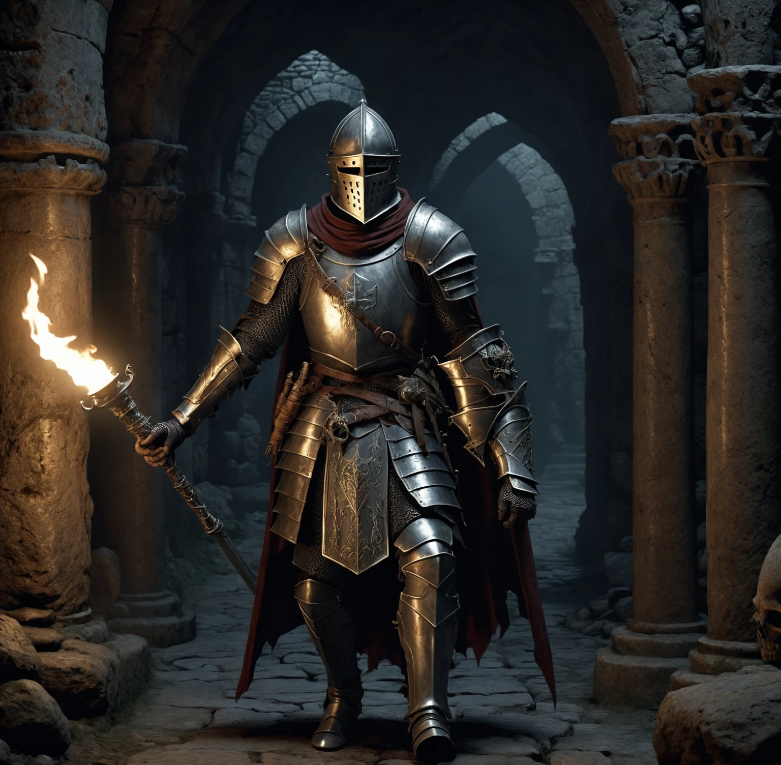 hyper realistic, 3d, best quality, masterpiece, ultra detailed, a noble knight exploring ancient catacombs, carrying a torch, dark fantasy, medieval, eerie, sword and sorcery