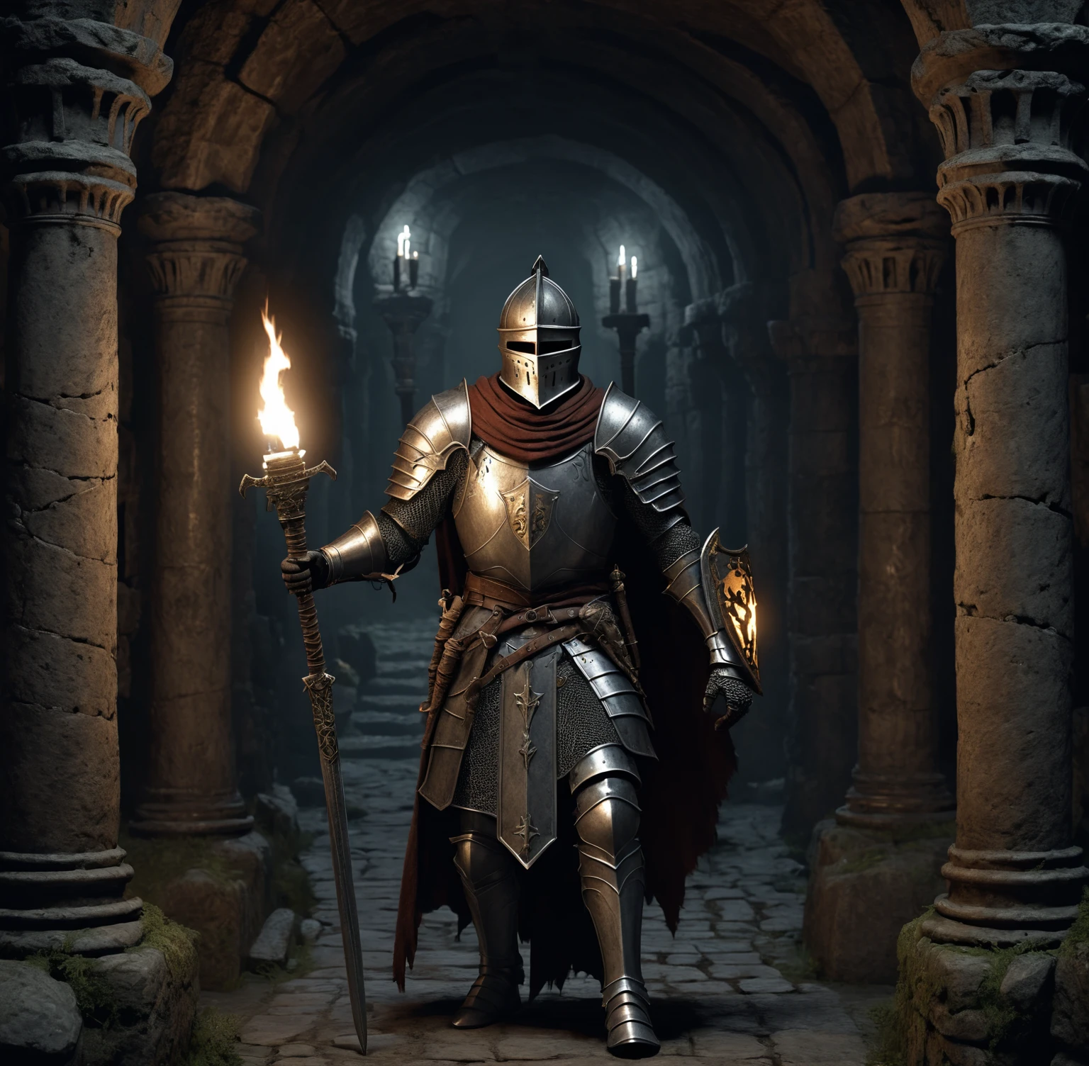 hyper realistic, 3d, best quality, masterpiece, ultra detailed, a noble knight exploring ancient catacombs, carrying a torch, dark fantasy, medieval, eerie, sword and sorcery 