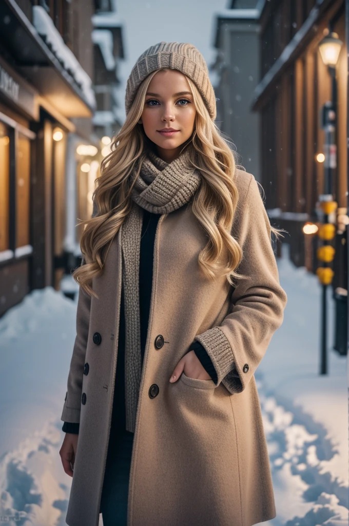 proFessional portrait photograph oF a gorgeous Norwegian girl in winter clothing with long wavy blonde hair, sultry Flirty look, gorgeous symmetrical Face, sweet natural makeup, wearing elegant warm winter Fashion clothing, ((standing outside in a snowy city street)), stunning modern urban environment, ultra realist, conceptual art, elegant, muito detalhado, complicated, sharp Focus, depth oF Field, F/1. 8, 85mm, Medium shot, Medium shot, (((proFessionally color graded))), bright soFt diFFused light, (Volumetric fog), Trending on Instagram, hdr 4k, 8K