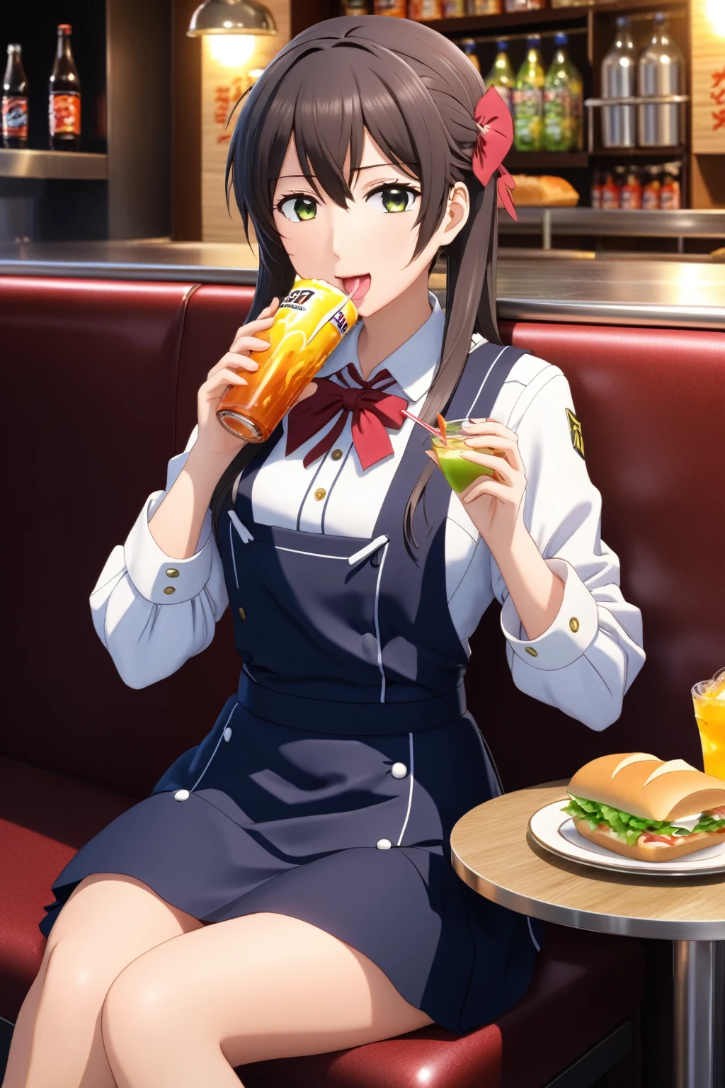 (超detailedなイラスト:1.2),超detailedなイラスト:1.2),Very delicate and beautiful，非常にdetailed，CG，Unity，8k wallpaper，wonderful，detailed，masterpiece，The best quality in the best condition，Official Art，非常にdetailed CG 8k Unbelievably ridiculous resolution,Beautiful and exquisite,High resolution，非常にdetailedな目と顔,anime girl eating a sandwich and drinking a drink at a restaurant, anime girl drinks energy drink, Anime Moe Art Style, I also make fan art, with a drink, Official Art, Kantai Collection Style, tsubasa nakai's style, ( waitress ) girl, Official Artwork, makoto shinka, tsubasa hanekawa, anime visual of a cute girl