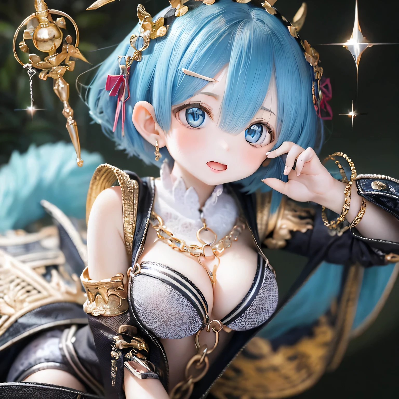 A 20-year-old woman named Rem, Big Style, Have beautiful and delicate eyes, lips, And the face. Artwork must be of the highest quality, Sharp focus and ultra-detailed rendering. The color palette should be vibrant and vivid. The medium must be illustration or digital painting. For more information, look、bikini And with a look of joy.セクシーなポーズ Blue Hair かわいいポーズ (((short hair)))、Blue Hair、Butt、(((Swimwear)))