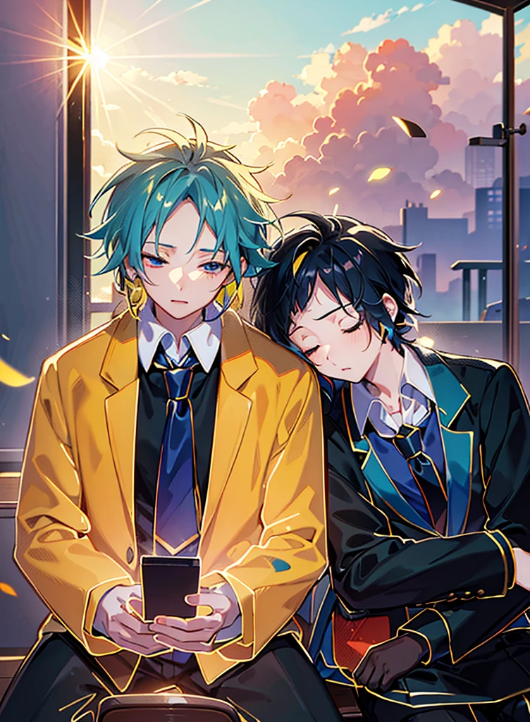 Two boys,Shoulder to Shoulder,Close your eyes,sleep,The person on the left has blond hair,The person on the right has dark blue hair,Blue-green school uniform,White shirt,Red tie,Black pants,Sitting on a bench,background是Sunset,Sunset,sunset,美丽的Sunset,Sunset光影,Backlight,Correct warm lighting,8K,Correct human body,Detailed eye painting,illustration,Highest quality,Exquisite,Detailed face,Masterpiece,flat chest,Slim,young,16 years old,High-end,Hand Painted,Official Fanart, Visual novel, Anime style,Girly Romance, Produced by Anime Painter Studio,Crafted glow, lens flare, background,rich and colorful, Super Detail, High Dynamic Range, Ultra detailed eyes, Made of paint, Completely painted, clatter,溅es of colour absolutely eye-catching, Dynamic Angle, Beautiful and delicate light, Ambient Light遮蔽, Ambient Light, Ray traced reflections,masterpiece, best quality, Sharp focus, Intricate details, Perfect, Golden Ratio Composition, 8K resolution, High resolution, fair, fair sky, Vibrant pastel colors, Vibrant colors