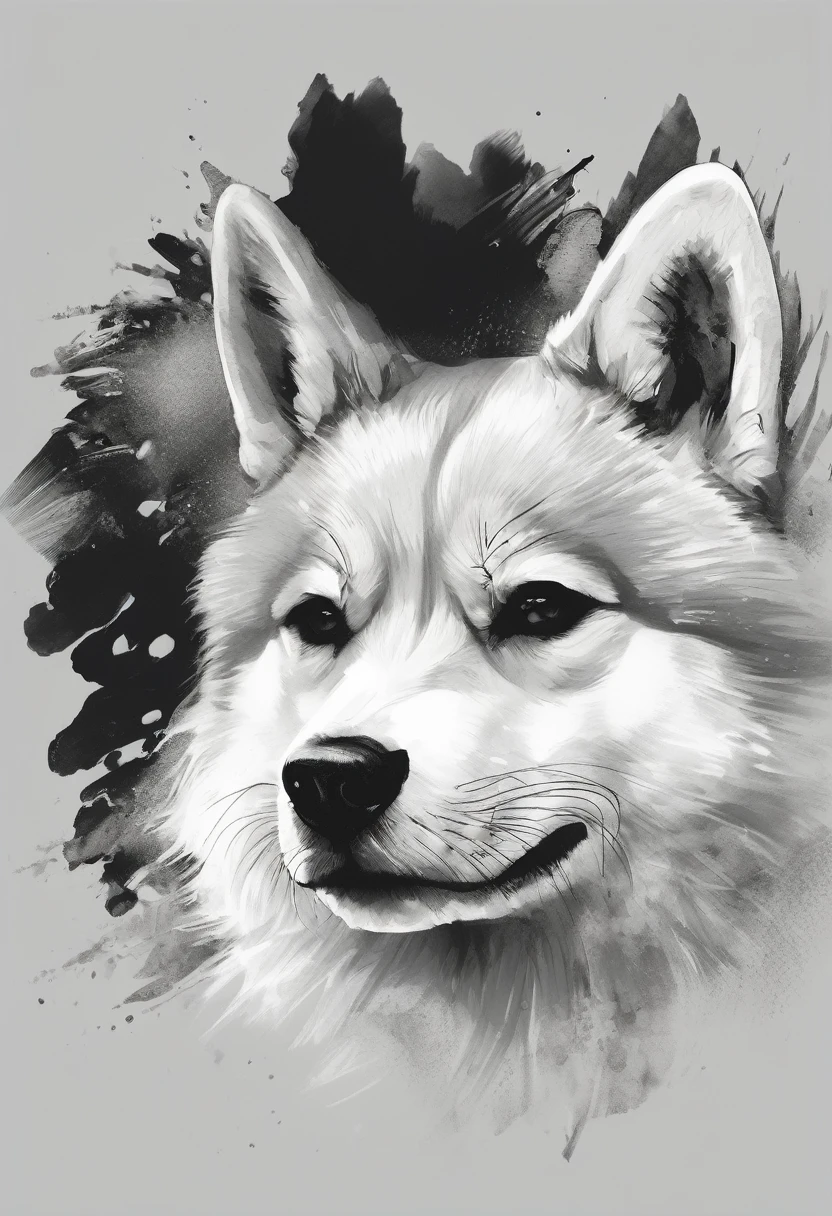 "Dynamic ink brushstroke style, black and white only: illustration by a professional illustrator, featuring a cute wolf pup or Shiba Inu, action shot, high detail, white background, sharp focus, full body, masterpiece, highly detailed, high quality, artistic sumi ink painting, Japanese style, icon, single animal. A sleeping Shiba Inu with very realistic fur depiction, surreal expression, artistic circular motif for an icon design. Features detailed whiskers, blue eyes, cheek whiskers, Japanese dog, Japanese-style design."