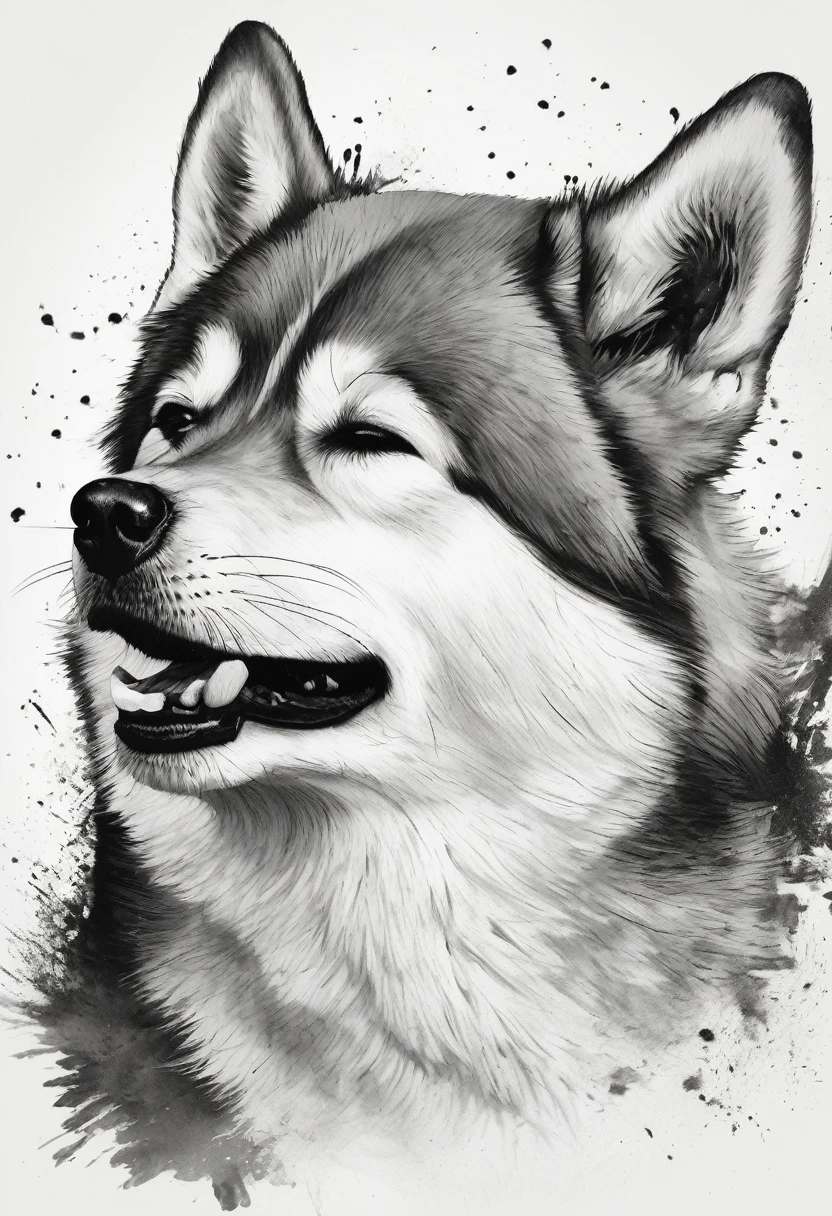 "Dynamic ink brushstroke style, black and white only: illustration by a professional illustrator, featuring a cute wolf pup or Shiba Inu, action shot, high detail, white background, sharp focus, full body, masterpiece, highly detailed, high quality, artistic sumi ink painting, Japanese style, icon, single animal. A sleeping Shiba Inu with very realistic fur depiction, surreal expression, artistic circular motif for an icon design. Features detailed whiskers, blue eyes, cheek whiskers, Japanese dog, Japanese-style design."