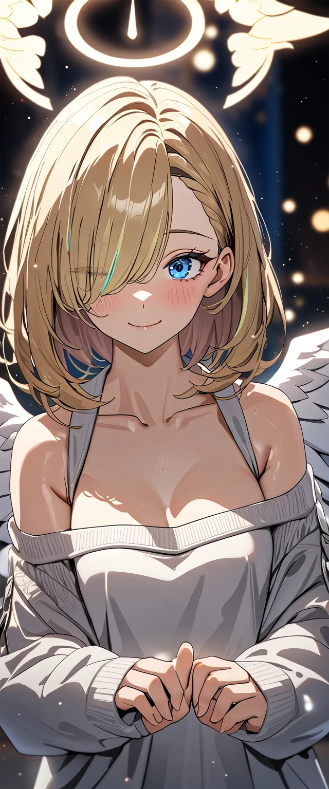 ((angel, big big white wings:1.3, halo:1.3)), (((upper body))), ((flying)), archangel Uriel, ((wavy hair, outward curled hair)), evening, Sunset, ((blond hair, bob cut:1.3)), breasts, teenager, (looking at viewer), oversized clothes, puffy long sleeves, collarbone, ((off-shoulder sweater dress:1.3, Quite thick shoulder straps)), (((sleeves past wrists:1.3))), ((white sweater)), collarbone, head tilt:1.3, (((blue eyes))), ((happy smile)), (((anime style))), (best quality, 4K, 8K, highres, masterpiece:1.2, ultra-detailed, ultra-detailed eyes, HDR, uhd, studio lighting, ultra-fine painting, sharp focus, physically-based rendering, extreme detail description, professional, vivid colors, bokeh), ((Highest quality, Best image quality, Ultra-high resolution, Ultra-high resolution, solo, Strong eye highlights)), Depth of written boundary, Natural soft light, attractive, Beautiful Face, Cleanliness, Pure Face, medium chest, Beautiful Face, Perfect Fingers, Perfect hands, Perfect body, Perfect Face, Shine a light into your eyes, Perfect ???????