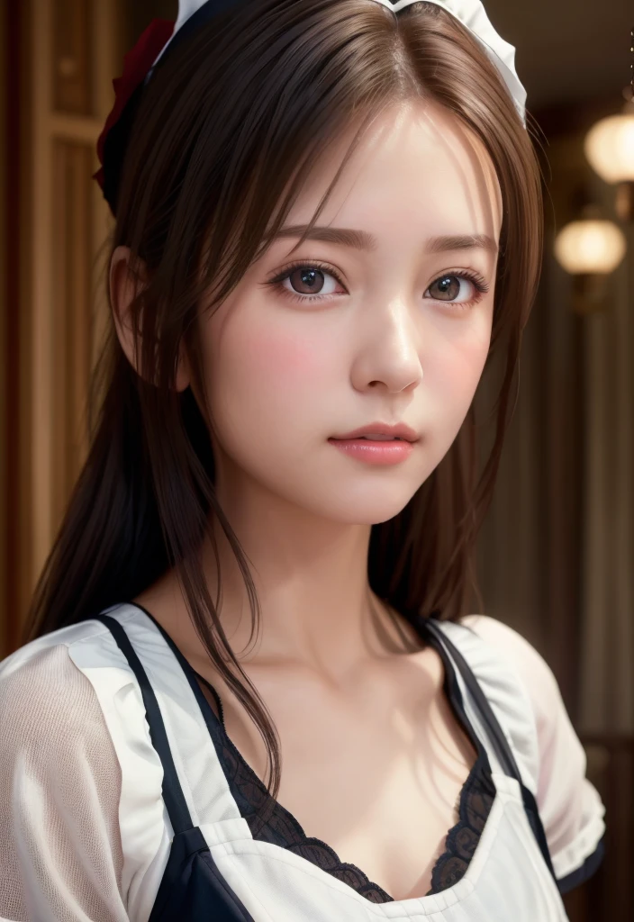 8K, of the highest quality, masutepiece:1.2), (Realistic, Photorealsitic:1.37), of the highest quality, masutepiece, Beautiful young woman, Pensive expression,、A charming、and an inviting look, Cute Maid Clothes, Hair tied back, Cinematic background, Light skin tone