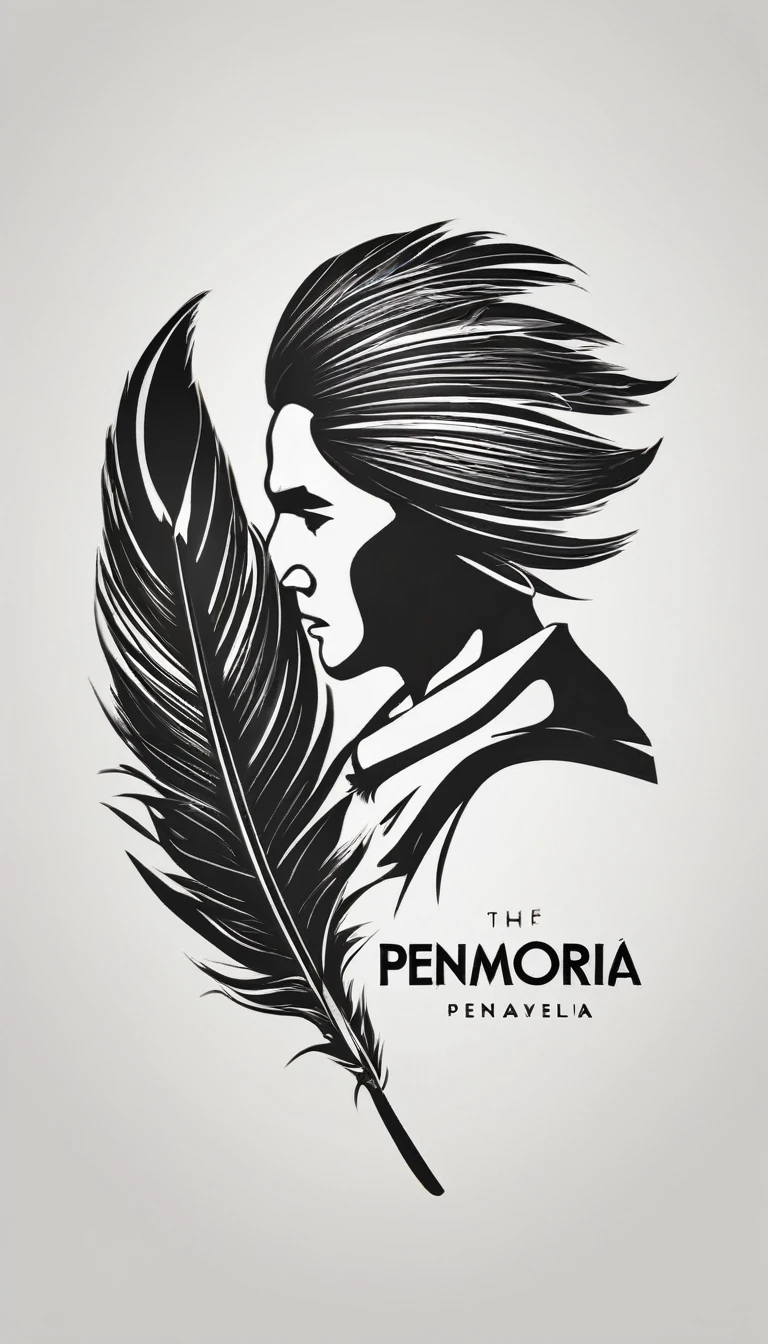 A minimal, modern, simple, cinematic logo design e of a boy with a head full of feathers for the brand “Penamemoria" .