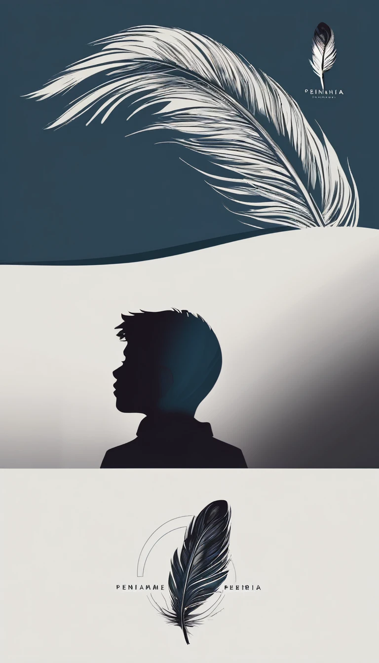 A minimal, modern, simple, cinematic logo design e of a boy with a head full of feathers for the brand “Penamemoria" .
