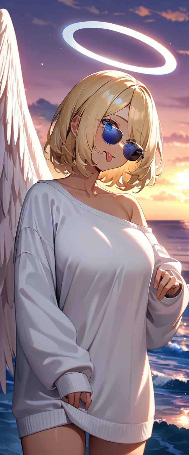 (((One girl))), ((tanned skin)), ((sunglasses, hand to sunglasses)), ((angel, big big white wings:1.2, halo:1.3)), open mouth, ((stick out tongue)), ((wavy hair)), evening, Sunset, sea, beach, ((blond hair, bob cut:1.3)), big breasts, teenager, (looking at viewer), oversized clothes, puffy long sleeves, collarbone, ((off-shoulder sweater dress:1.3, Quite thick shoulder straps)), (((sleeves past wrists:1.3))), ((white sweater)), collarbone, head tilt:1.3, (((blue eye))), ((happy smile)), (((anime style))), (best quality, 4K, 8K, highres, masterpiece:1.2, ultra-detailed, ultra-detailed eyes, HDR, uhd, studio lighting, ultra-fine painting, sharp focus, physically-based rendering, extreme detail description, professional, vivid colors, bokeh), ((Highest quality, Best image quality, Ultra-high resolution, Ultra-high resolution, solo, Strong eye highlights)), Depth of written boundary, Natural soft light, attractive, Beautiful Face, Cleanliness, Pure Face, medium chest, Beautiful Face, Perfect Fingers, Perfect hands, Perfect body, Perfect Face, Shine a light into your eyes, Perfect Anatomy