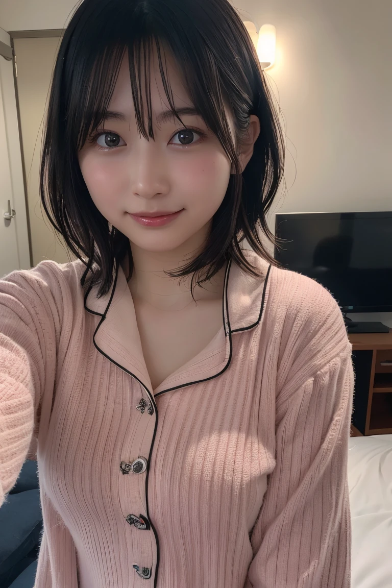 (8K, RAW Photos, Highest quality, High resolution: 1.1), (ultra Realistic: 1.4), (Realistic, Realistic: 1.3), The Beauty of Japan, pajamas, ((Upper Body: 1.3)) High resolution, Realistic image of a Japanese woman with short hair, She has big breasts and red cheeks, Look at that, smile She looks at it, smile, While taking a selfie. Her smartphone is close to her face. She appears to be live streaming from her home., Spread on the bed, With a blanket over my chest.