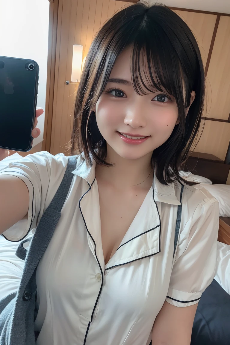 (8K, RAW Photos, Highest quality, High resolution: 1.1), (ultra Realistic: 1.4), (Realistic, Realistic: 1.3), The Beauty of Japan, pajamas, ((Upper Body: 1.3)) High resolution, Realistic image of a Japanese woman with short hair, She has big breasts and red cheeks, Look at that, smile She looks at it, smile, While taking a selfie. Her smartphone is close to her face. She appears to be live streaming from her home., Spread on the bed, With a blanket over my chest.