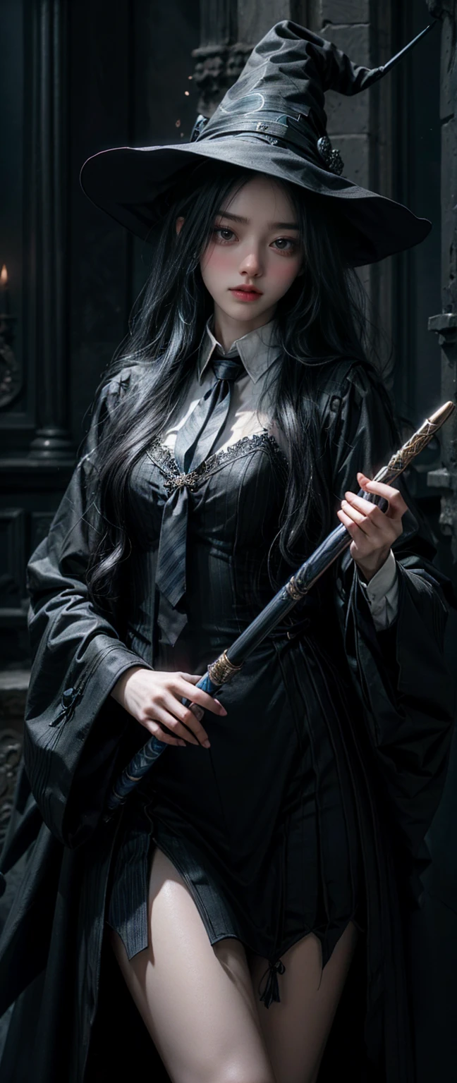 Witch Girl,long white hair,Black-blue witch ,Wear a blue-black striped tie., Holding a magic wand to cast spells ,Highest quality, Highest picture quality, high resolution, realistic, 8K, Highly detailed,In a small dark medieval room