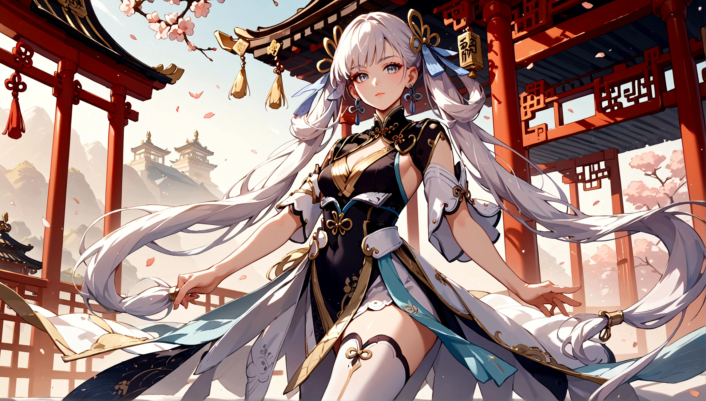 score_9, score_8_up, score_7_up, score_6_up, masterpiece, top quality, best quality, official art, beautiful and aesthetic, close up shot, centered, JinshiWW, long hair, twintails, hair rings, hair ornament, earrings, chinese clothes, two-tone dress, black dress, white dress, cleavage cutout, armlet, white thighhighs, dynamic pose, chinese temple background, Expressiveh