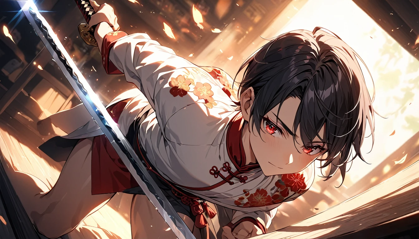 solo、(Handsome boy:1.4)、(Holding the Sword:1.2)、(Confident face:1.2)、10 years old、非常に長いBlack-hairedポニーテール、Red eyes、Toned body、Muscular boy、Chinese traditional clothing、(Plum blossom emblem on the chest of the garment)、(Black-haired)、(Best image quality)、(8K quality)、(Tabletop)、Cinematic light, Cinema Shadow, Clear images, Very detailed, Volumetric, Beautiful Effects, Vibrant colors, Very detailed画像テクスチャ, Fine hair, Fine grain, Above the knees photo