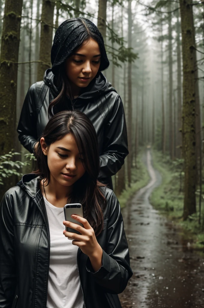 a girl walks in the woods in the rain with a cell phone in her hand 