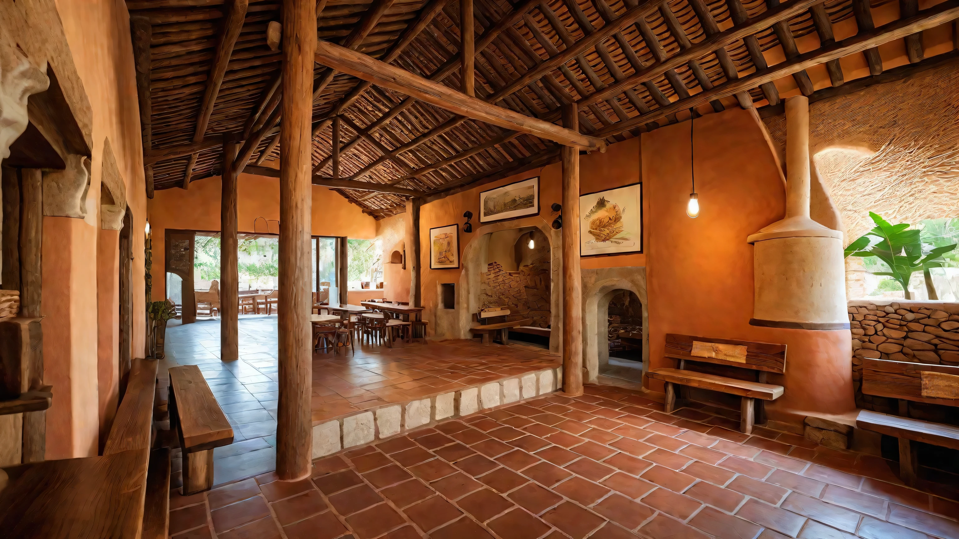 Rustic restaurant, primary material clay, rustic furniture, clay walls and decor, wooden tables and chairs, warm earthy tones, cozy ambiance, natural lighting, artisanal pottery, handmade elements, open layout, inviting atmosphere