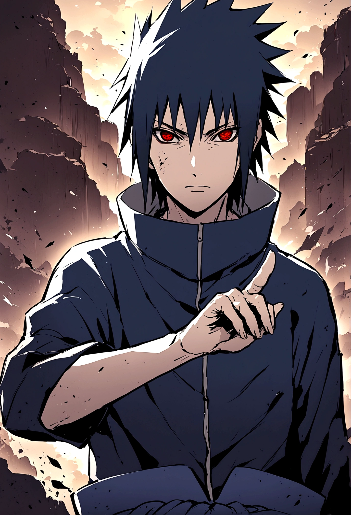 sasuke uchiha, blue lightning bolt in one hand, chidory, upper body, sharingan in eyes, ready to fight, hight quality, red eyes