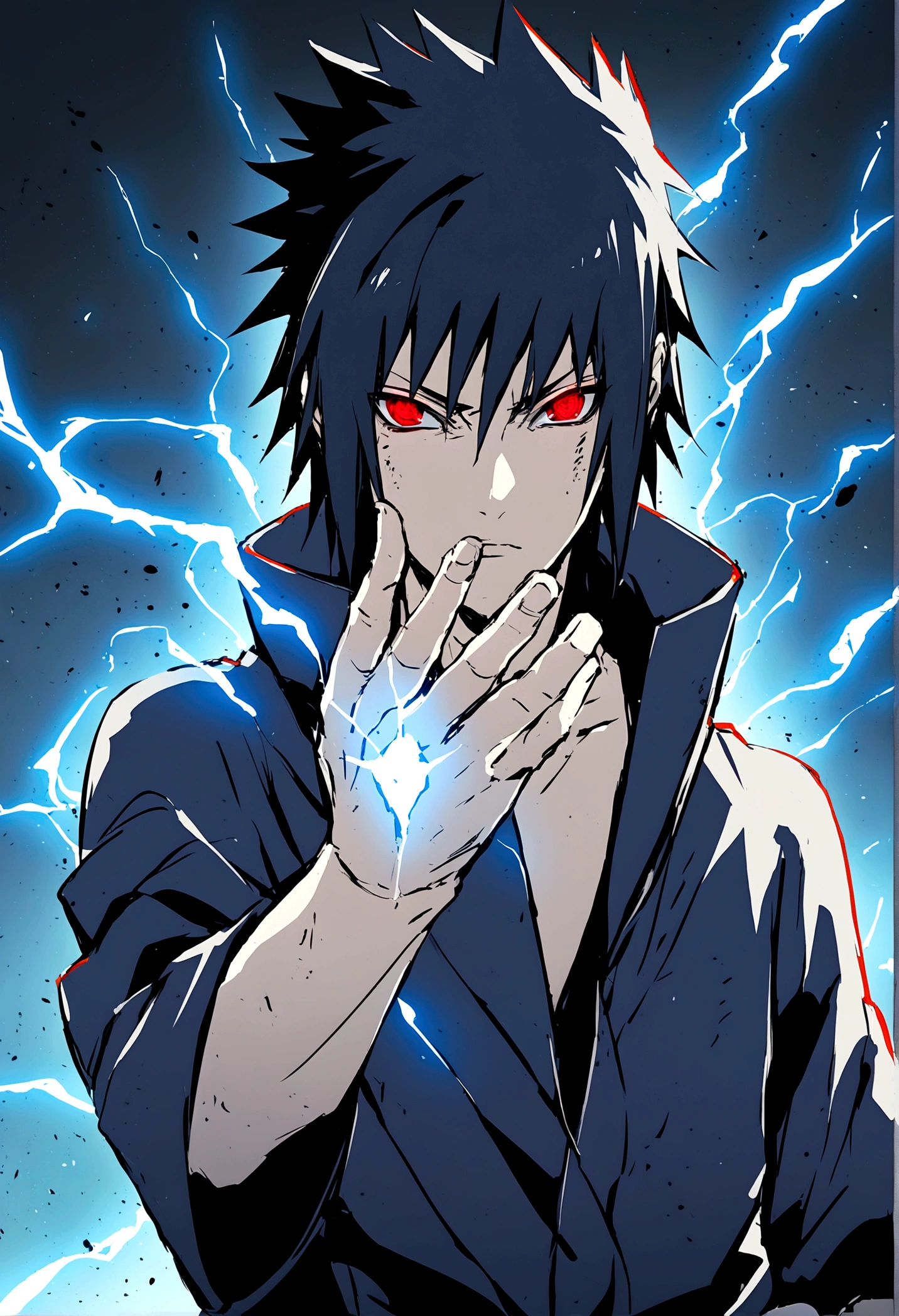 sasuke uchiha, blue lightning bolt in one hand, chidory, upper body, sharingan in eyes, ready to fight, hight quality, red eyes