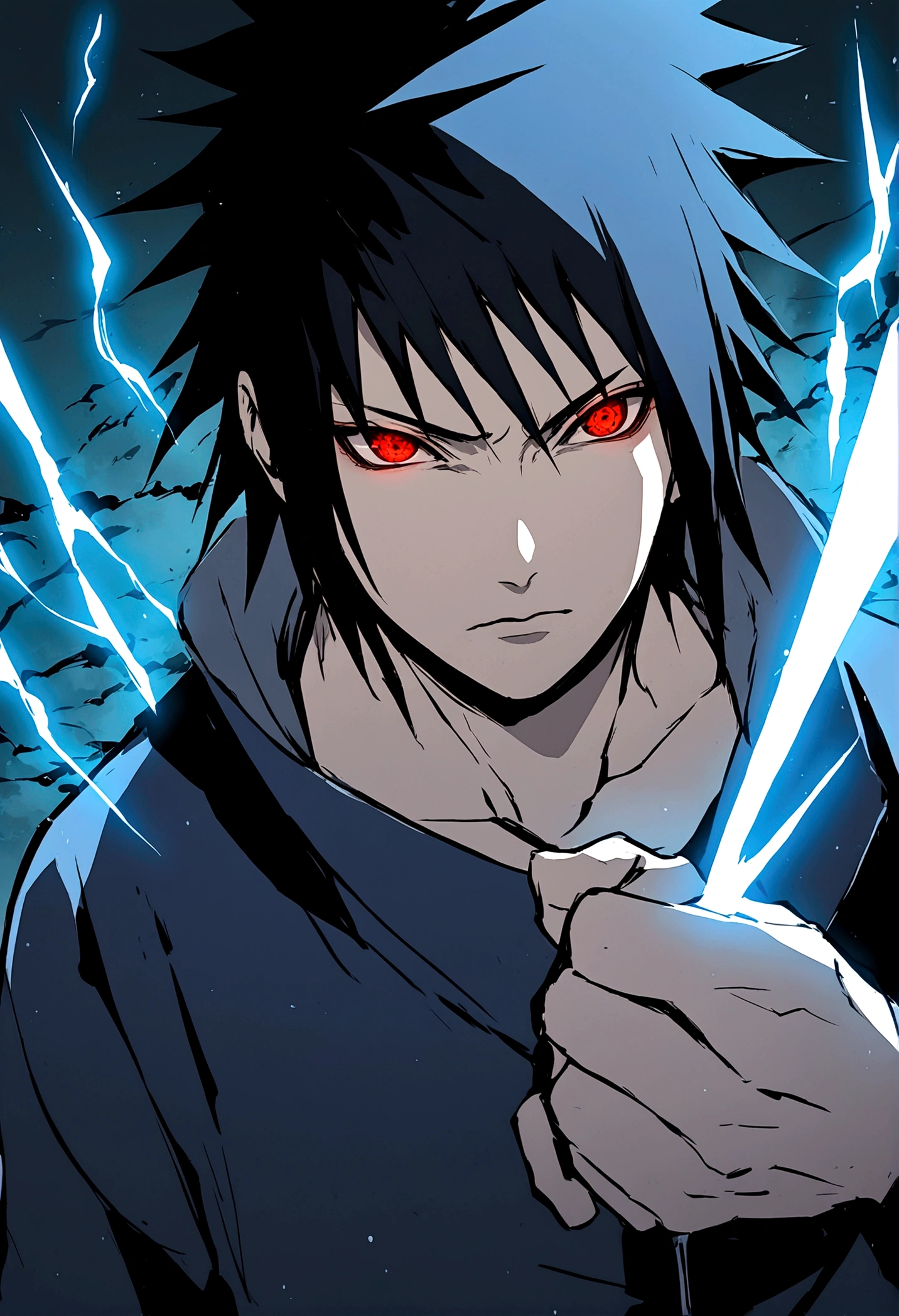 sasuke uchiha, blue lightning bolt in one hand, chidory, upper body, sharingan in eyes, ready to fight, hight quality, red eyes