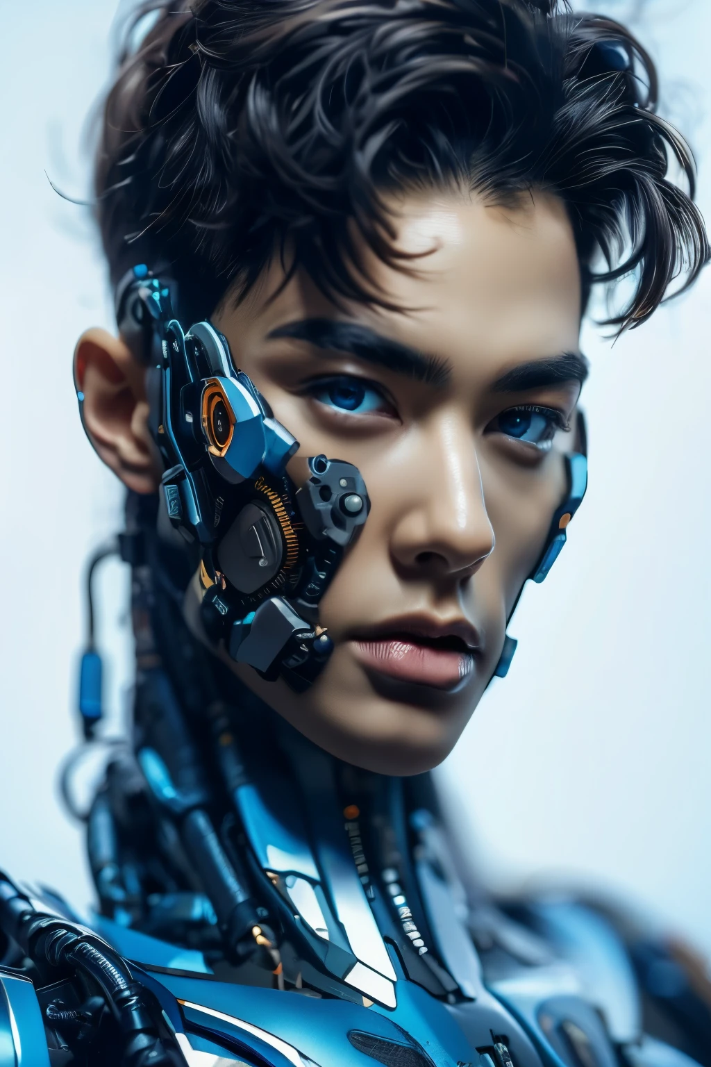 Male submachine gun A highly detailed surreal masterpiece of a Japanese man，Suit，Half face tech mask luminous face mask，There are technology lines on the face，Tech face,cogs，Mechanical body drive， Wearing a suit and a complex space helmet.Male stature, with robotic parts on your Face, Mechanical jaw，White background，Bright ，Man with head, portrait of a futuristic robot, Bee Style, robotic Face, The Cyberpunk Way, human face, style hybrid mix oF beeple, portrait of a cyborg, futuristic dieselpunk street, Beeple style, Portrait Beauty - FI People, ltra High DeFinition, Simple minimum. F/4, 16:9, 5 s ultra high deFinition, Kinematics, Real life portrait male personnel 45 degree angle blank background driver machinery driver driver clothing driver short hair male