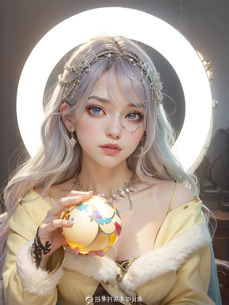 (masterpiece, top quality, best quality, official art, beautiful and aesthetic:1.2), (1girl:1.3), wavy long hair, light purple hair, extremely detailed, portrait, looking at viewer, 独奏, (full body:0.6), detailed background, close up, blue eyes, (cold arctic winter theme:1.1), Fortuneteller, charlatan, smirk, mysterious, sitting at table, colorful shoulderless loose gypsy Fortuneteller clothes, chalice, tarot cards, crystal ball, Mediovale (tent interior:1.1) background, tent curtains in background, dark mysterious lighting, shadows, magical atmosphere, starry night,, dutch angle,Holding a glowing ball in hand