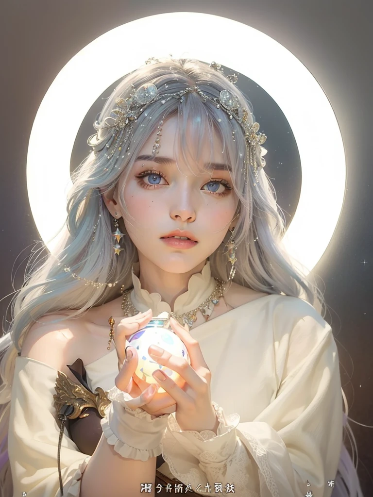 (masterpiece, top quality, best quality, official art, beautiful and aesthetic:1.2), (1girl:1.3), wavy long hair, light purple hair, extremely detailed, portrait, looking at viewer, 独奏, (full body:0.6), detailed background, close up, blue eyes, (cold arctic winter theme:1.1), Fortuneteller, charlatan, smirk, mysterious, sitting at table, colorful shoulderless loose gypsy Fortuneteller clothes, chalice, tarot cards, crystal ball, Mediovale (tent interior:1.1) background, tent curtains in background, dark mysterious lighting, shadows, magical atmosphere, starry night,, dutch angle,Holding a glowing ball in hand