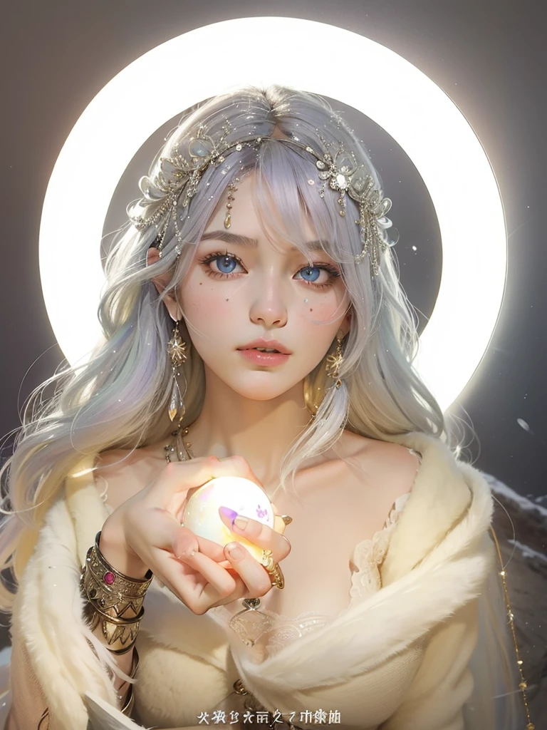 (masterpiece, top quality, best quality, official art, beautiful and aesthetic:1.2), (1girl:1.3), wavy long hair, light purple hair, extremely detailed, portrait, looking at viewer, 独奏, (full body:0.6), detailed background, close up, blue eyes, (cold arctic winter theme:1.1), Fortuneteller, charlatan, smirk, mysterious, sitting at table, colorful shoulderless loose gypsy Fortuneteller clothes, chalice, tarot cards, crystal ball, Mediovale (tent interior:1.1) background, tent curtains in background, dark mysterious lighting, shadows, magical atmosphere, starry night,, dutch angle,Holding a glowing ball in hand