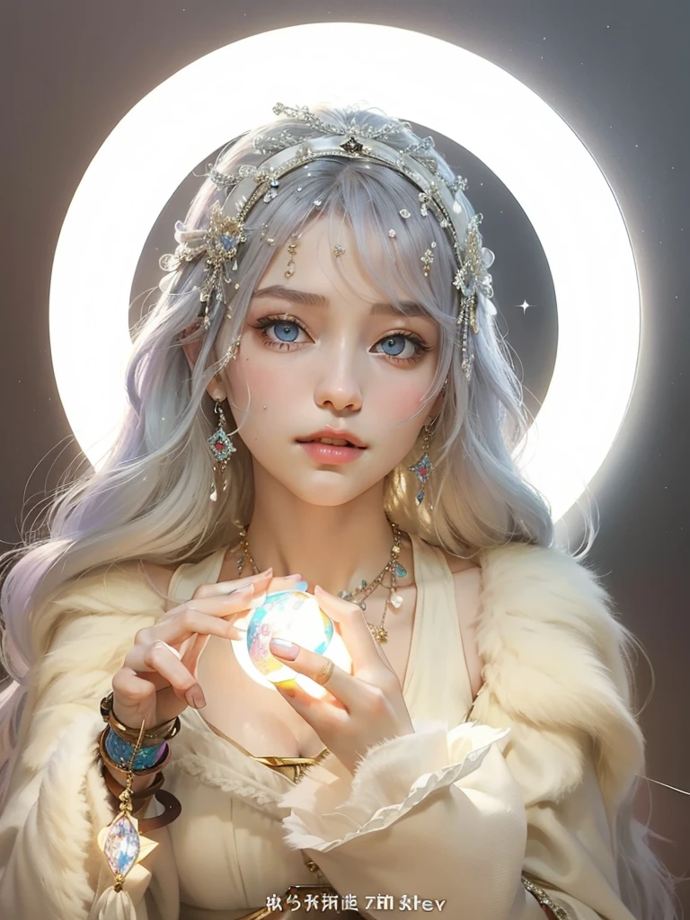 (masterpiece, top quality, best quality, official art, beautiful and aesthetic:1.2), (1girl:1.3), wavy long hair, light purple hair, extremely detailed, portrait, looking at viewer, 独奏, (full body:0.6), detailed background, close up, blue eyes, (cold arctic winter theme:1.1), Fortuneteller, charlatan, smirk, mysterious, sitting at table, colorful shoulderless loose gypsy Fortuneteller clothes,      chalice,   tarot cards, crystal ball,  Mediovale (tent interior:1.1) background, tent curtains in background, dark mysterious lighting, shadows, magical atmosphere, starry night,, dutch angle，Holding a glowing ball in hand